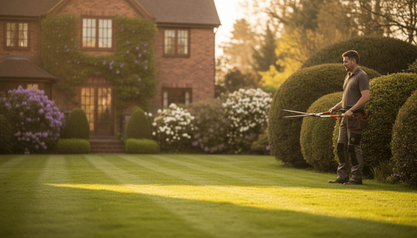 Professional landscaper trimming hedge on a well-maintained residential lawn in North Carolina