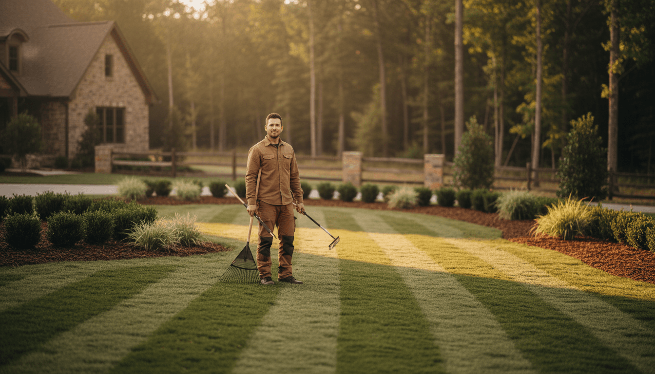 Landscape professional standing in well-maintained yard with trimmed hedges and fresh mulch